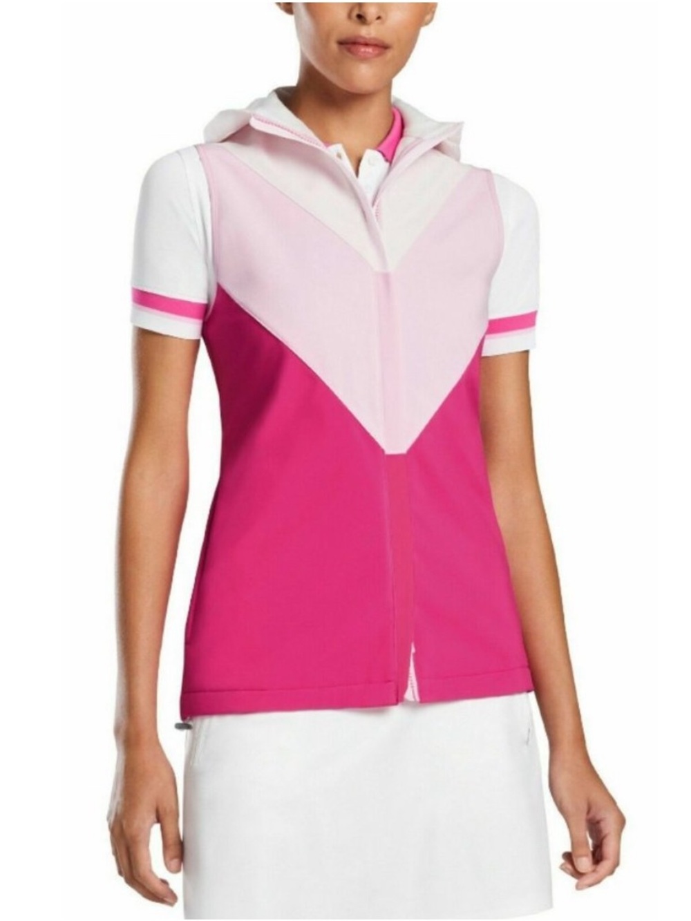 G/FORE Women’s Golf Pink Hooded Colorblock Vest Chevron